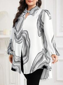 Modelyn Plus Size Women Striped Lantern Sleeve Casual Loose Blouse - White - View 4