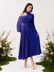 Modelyn Women's Solid Color Stand Collar Long Sleeve Front Tie Simple Casual Dress
