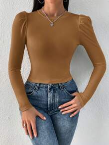 SHEIN Privé Women's Solid Round Neck Puff Sleeve Fitted T-Shirt - Khaki - View 4