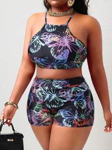 SHEIN Slayr CURVE Summer Plus Size Women 2pcs Bikini Set, Butterfly Print Halter Backless Criss-Cross Wide Strap Bikini Top And Ruched Waist Bottom With Pocket