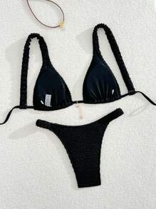 SHEIN Tenues de vacances d'été à la plage pour femmes avec un ensemble de bikini triangle à bretelles épaisses en tissu spécial, sexy et