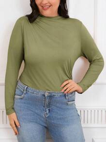 SHEIN Frenchy Plus Size Mock Neck Ruched Slim Fit Tee