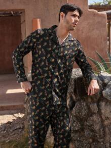 Manfinity ChillVibe Men's Full Print Front Button Long Sleeve Simple Pullover Top And Pants Pajama Set - Black - View 7