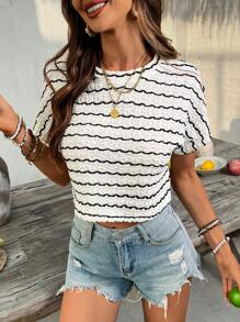 SHEIN VCAY Camiseta de mujer corta holgada de mangas cortas y cuello redondo a rayas negras y blancas de punto