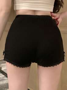 DAZY Women's Knit Ribbed Fabric With Lace Trim Slit Design Shorts - Black - View 2