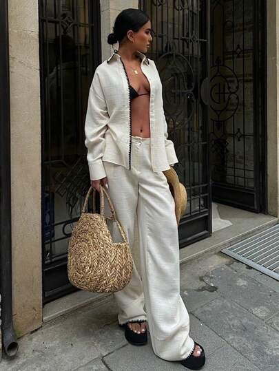 SHEIN Essnce 2 Pieces Women Shirt And Pants Set, Office, Streetwear, Daily, Traveling Style