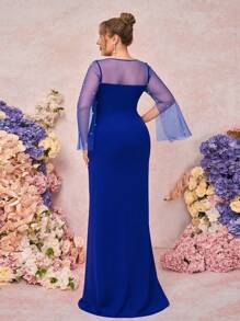SHEIN Belle Plus Size Women Beaded Mesh Panel Split Sleeve Bridesmaid Dress - Royal Blue - View 7