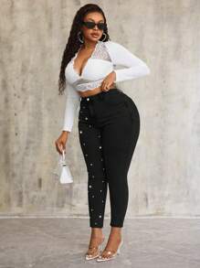 SHEIN SXY Plus Size Stretch Denim Blue Skinny Pants With Pearl Decoration - Black - View 5