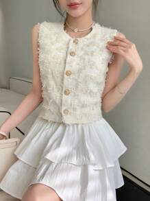 DAZY 1 件女式无袖流苏毛茸茸背心，约会之夜外出上衣 - 米色 - 查看 6