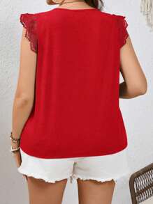 SHEIN Frenchy Plus Size Women's Solid Color Lace Splice Cap Sleeve Summer T-Shirt