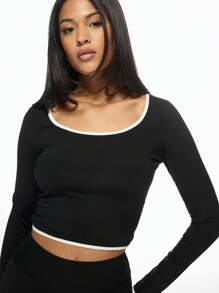 MISSGUIDED Contrast Piping Long Sleeve Crop Top Workout Training Athletic Yoga Dance Studio Performance Fitness Activewear Slim Fit Stretchy Fall Winter Spring - Black and White - View 3