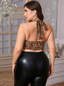 Firerie Leopard Print Deep V-Neck Drape Front Backless Elegant  Modest   Sexy Party Top, Plus Size With Metal Button, Halter Neck