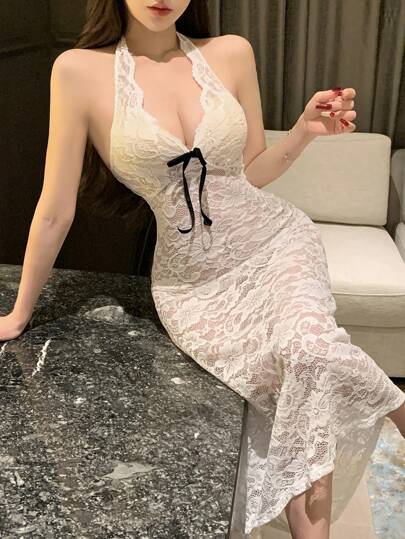 DAZY 领带色块蝴蝶结装饰修身蕾丝透明性感睡衣睡衣