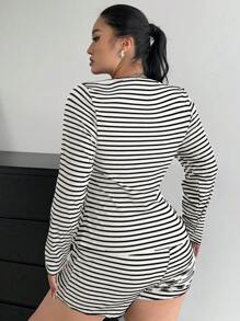 SHEIN MOOSTA Black & White Striped Round Neck Long Sleeve T-Shirt With Stylish Shorts Set - Multicolor - View 2