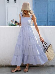 Vivid Eden Woven Striped Boat Neck Long Dress For Women,Summer Clothes,Valentine's Day,Vacation Outfits Woman,Beach Outfits For Woman, Festival,Romantic,Bohemian,BOHO, Sweet, Rave Outfits Festival,Tropical Vacation Woman Clothes - Blue and White - View 1