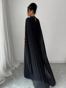 Elenzga Vintage Pleated Shawl Collar Dress With Flared, For Spring/Summer Vacation - Black - View 2