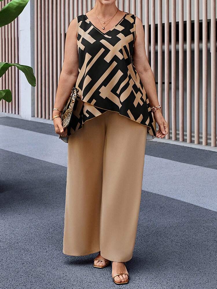 Plus Size V-Neck Sleeveless Printed Minimalist Top And Pants Set Spring Outfits For Women Elegant