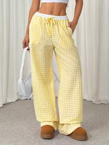 SHEIN EZwear 女式双色抽绳腰口袋格子休闲直筒裤 - 黃色 - 查看 3