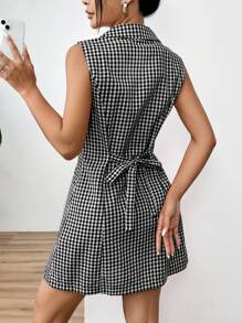 SHEIN EZwear 休闲通勤格子印花无袖前扣短连衣裙 - 黑與白 - 查看 2