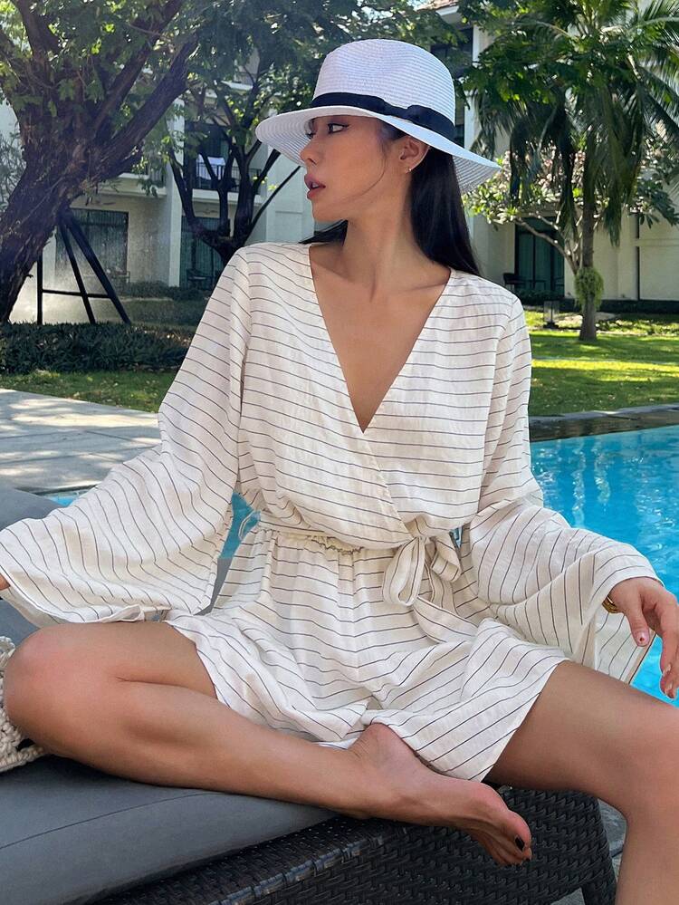 Striped Loose Long Sleeve Oblique Collar Drawstring Waist Shorts Playsuit For Women, Casual Vacation Summer Women Rompers Lounge Sets For Women