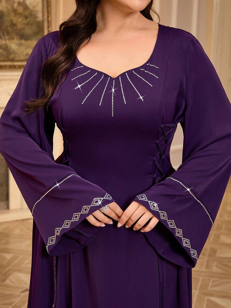 Modelyn 大码女式钻石 V 领长袖休闲长款阿巴亚连衣裙 - 紫色 - 查看 1