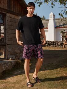 Manfinity ChillVibe Men's Plant Print Shorts Loungewear Bottom - Red Violet - View 5