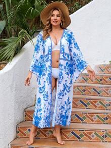 SHEIN Swim Curve Plus Size Women's Porcelain Floral Print Flare Sleeve Loose Kimono, Beach Holiday Resort Wear, For Summer Vacation - Blue - View 7