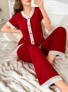 Lace Patchwork V-Neck Single-Breasted Short Sleeve Pants Women Pajama Set - Burgundy - View 3