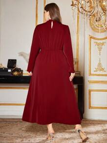 Modelyn Plus Size Elegant High Collar Ruffle Trim Dress - Burgundy - View 2