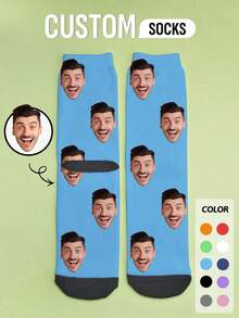 1 Pair Customizable Portrait Printed Socks, Unique Mid-Calf Socks With Personalized Face Design, Suitable For Casual, Work, Office, Travel, Sports And Parties, Creative Gift - Blue - View 3