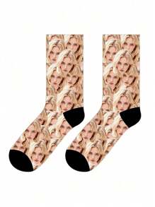1 Pair Custom Face Print Mid-Calf Socks For Women, Put Any Face On Socks, Personalized Socks With Photos, Funny Customized Couple Mid-Crew Socks, Suitable As Gifts For Valentine's Day, Birthday Or Other Occasions Adorable,Contracted,Funny,Cozy Custom,Personalized,Unique,Customized Personalized Gifts, Fall