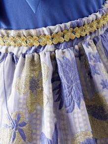 2pcs Young Girl Eid Mubarak Blue Short Sleeve Bow Top And Blue Embroidered Gold Ribbon Skirt Set, Elegant Party Mini Dress - Blue - View 8