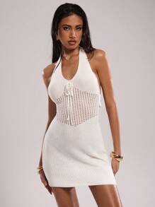 SHEIN BAE Damen einfarbiges Trägerkleidt mit Krawatte hinten, schmalsitzend, kurzes gestricktes Sweaterkkleid