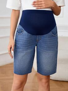 SHEIN Adjustable Waist Pregnancy Denim Shorts With Pockets, Casual