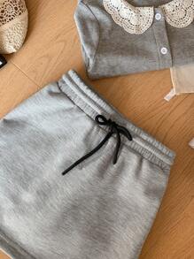 DAZY Young Girl Short Simple Drawstring Waist Casual Skirt, Solid Color Fall/Winter - Grey - View 3