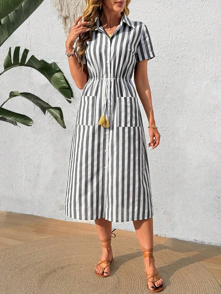 EMERY ROSE 女式前扣短袖条纹休闲衬衫裙 - 黑與白 - 查看 1