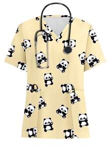 PopScrub V-Neck Short Sleeve Pocket All-Over Print Casual /Nursing Scrub Uniform Top - White - View 1