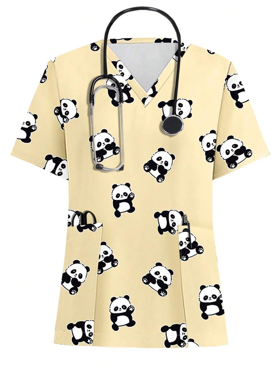 PopScrub V-Neck Short Sleeve Pocket All-Over Print Casual /Nursing Scrub Uniform Top - White - View 1