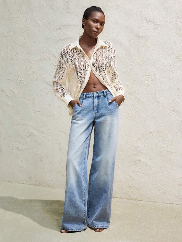 SHEIN Maija Women's Solid Color Front Button Long Sleeve Casual Sheer Shirt Festival Bohemian