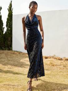 SHEIN Privé Mature High-End Elegant Quality Women Party Luxurious Flocked Collar Waist Backless Bodycon Dress, Valentine's Day - Multicolor - View 1