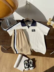 SHEIN 2pcs Young Boys Casual Sports Daily Comfortable Loose Polo Shirt & Shorts Set, Suitable For Travel, School, Sports, Casual Gatherings, Spring/Summer. Elegant Wedding Guest Pageboy Ring Bearer Outfit - White - View 6