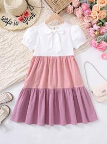 SHEIN Vestido de niña preadolescente de uso casual diario, fiesta y versátil con cuello redondo de manga corta y parches de unicolor