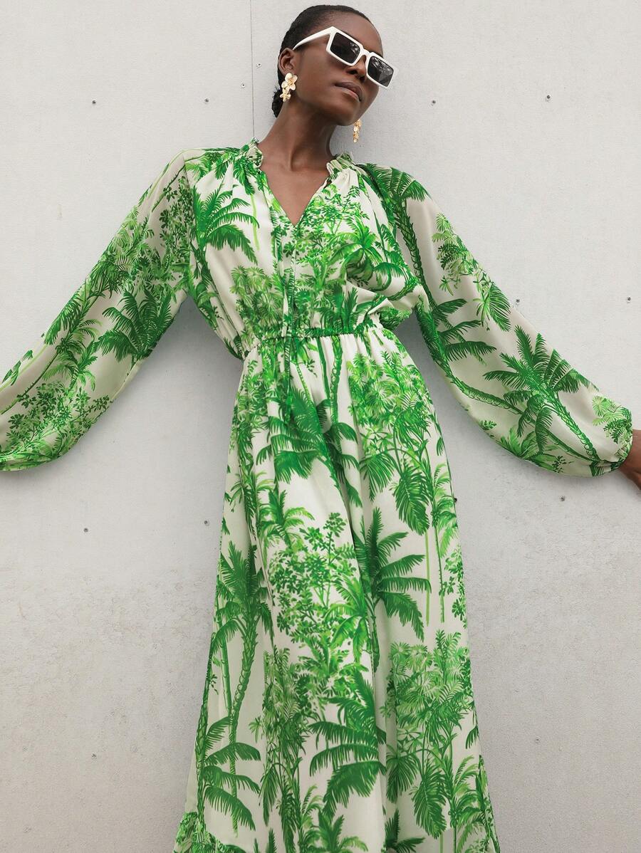 Aveloria Modichic Elegant Party Dress With Floral Print, Chiffon Fabric, Puff Sleeve, High Waist, Maxi A-Line Silhouette, Ruffle Hem Design For Women Fall Cloth For Women