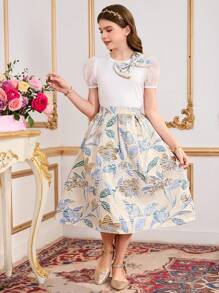 SHEIN 2pcs Tween Girls Bow Decor Bubble Short Sleeve Tee & Embroidered Pleated Skirt Spring/Summer Outfit Set - Multicolor - View 3