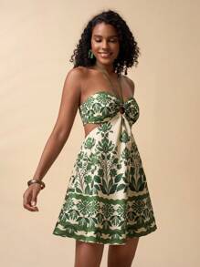 Travachic 女式露背系带休闲热带花卉印花中长连衣裙，夏季度假休闲连衣裙，休闲度假装，夏季度假沙滩裙，女士连衣裙