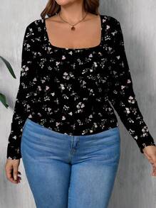 SHEIN LUNE Áo thun nữ cỡ lớn in họa tiết hoa nhí, dáng rộng, cổ vuông, thích hợp mặc mùa xuân, hè và thu. - Nhiều màu - Xem 4