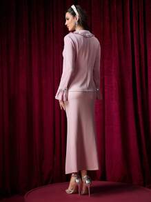 Modelyn 女士两件套：喇叭袖拼接缎面亮片丝带外套和A字裙 - 粉色 - 查看 2