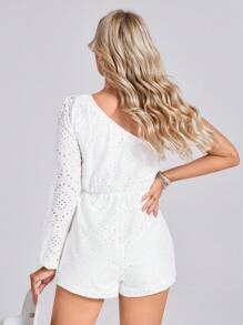 SHEIN LUNE 女士灯笼袖镂空刺绣纹理面料优雅连体裤，适合度假和郊游的休闲装 - 白色 - 查看 2