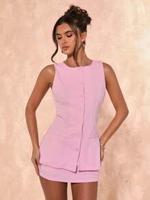 SHEIN BAE Women Solid Front Button Sleeveless Top And Mini Skirt Set - Pink - View 6