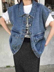 FRIFUL Women's Denim Blue Loose Sleeveless Jacket Casual Outerwear